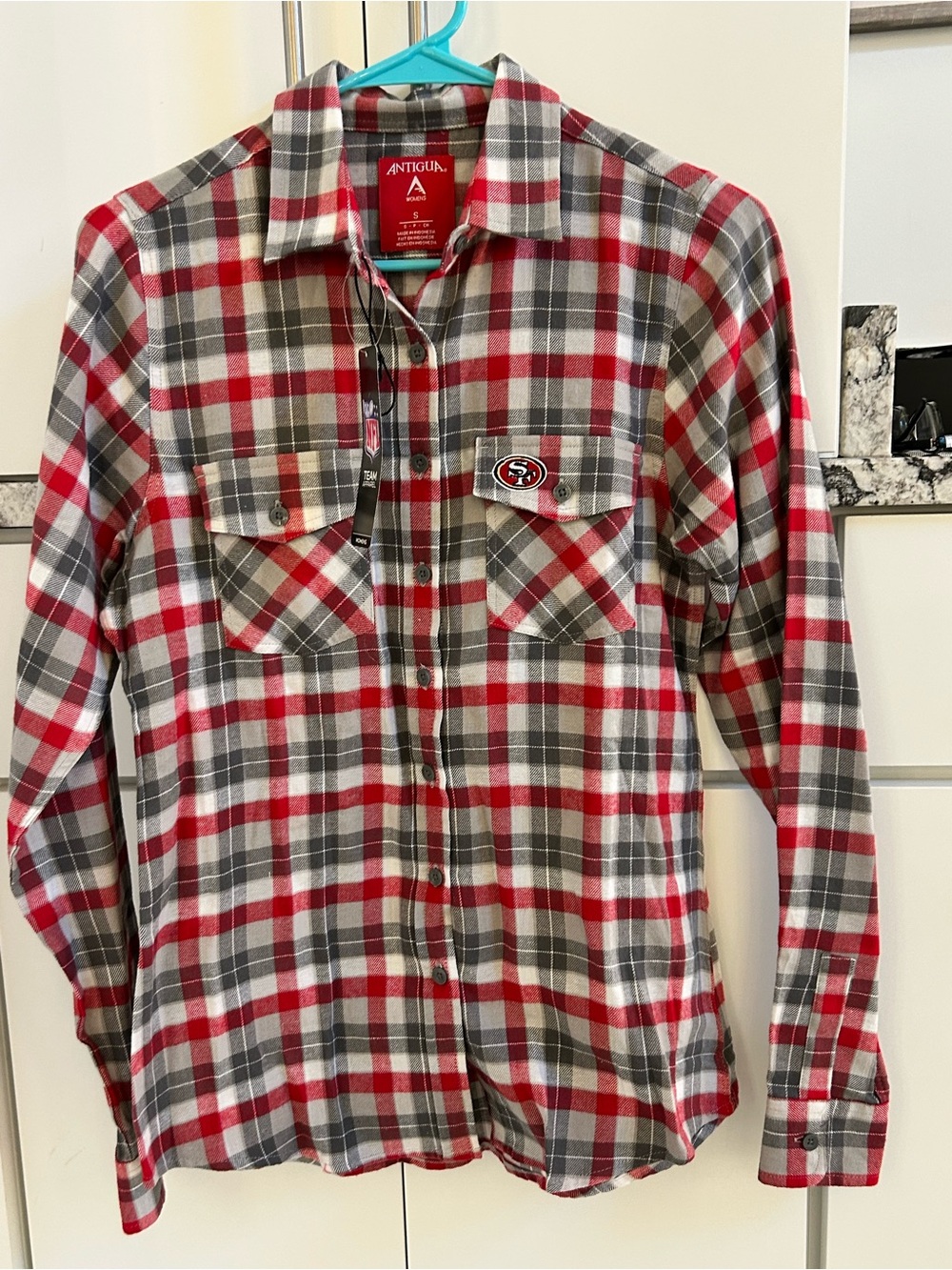 Antigua Women’s Red, Gray & White Plaid Button-Down 49ers Shirt